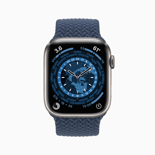 Apple Watch Series 7 is shown with the World Time face.