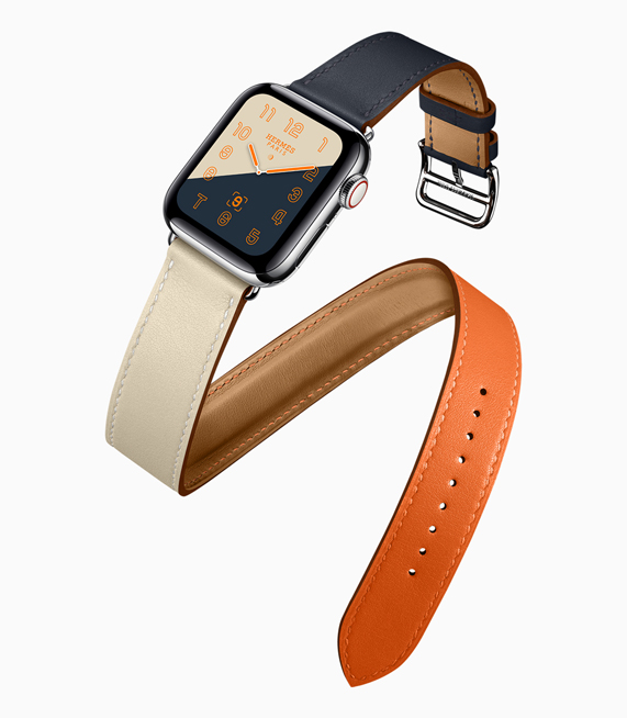 A profile shot of the new Apple Watch Hermès, featuring the color-blocked watch face and band. 