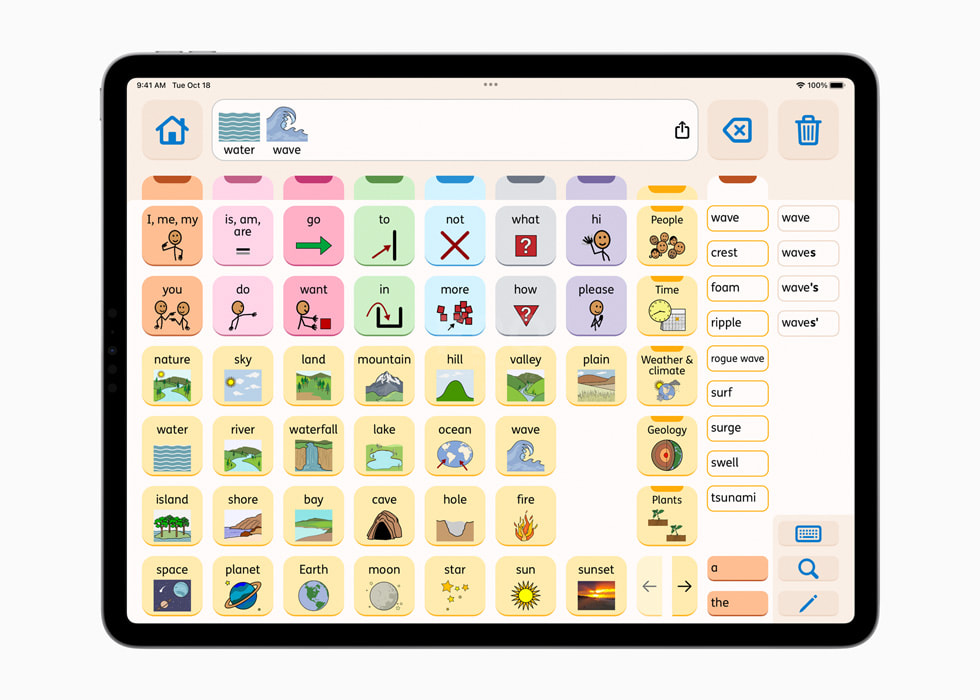 The Proloquo app interface displayed on iPad.