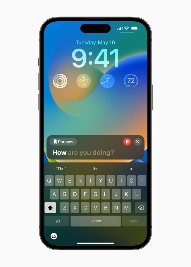 Saved Phrase playback in Live Speech displayed on iPhone 14 Pro Max.