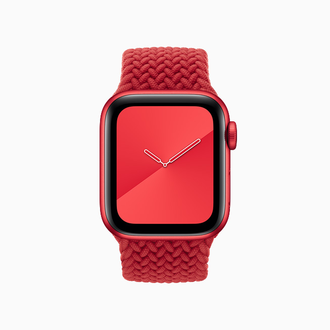 Apple Watch Series 6 (PRODUCT)RED with matching (PRODUCT)RED Braided Solo Loop band.