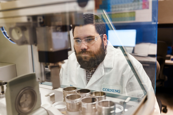 An employee at the Corning facility in Harrodsburg, Kentucky.