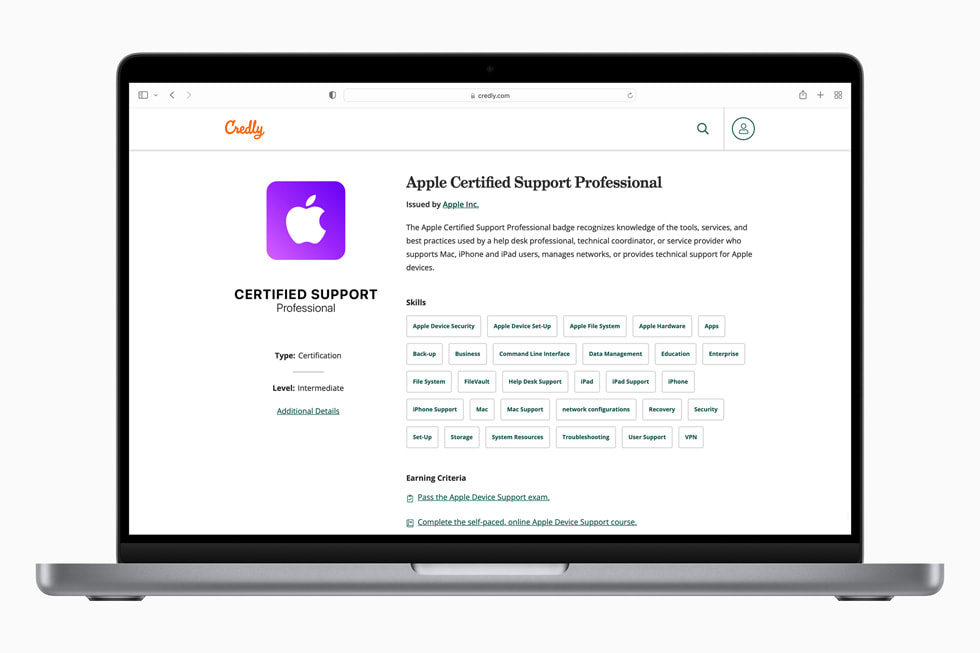 MacBook and iPhone screens show Apple’s updated professional training and certifications for IT support and management.