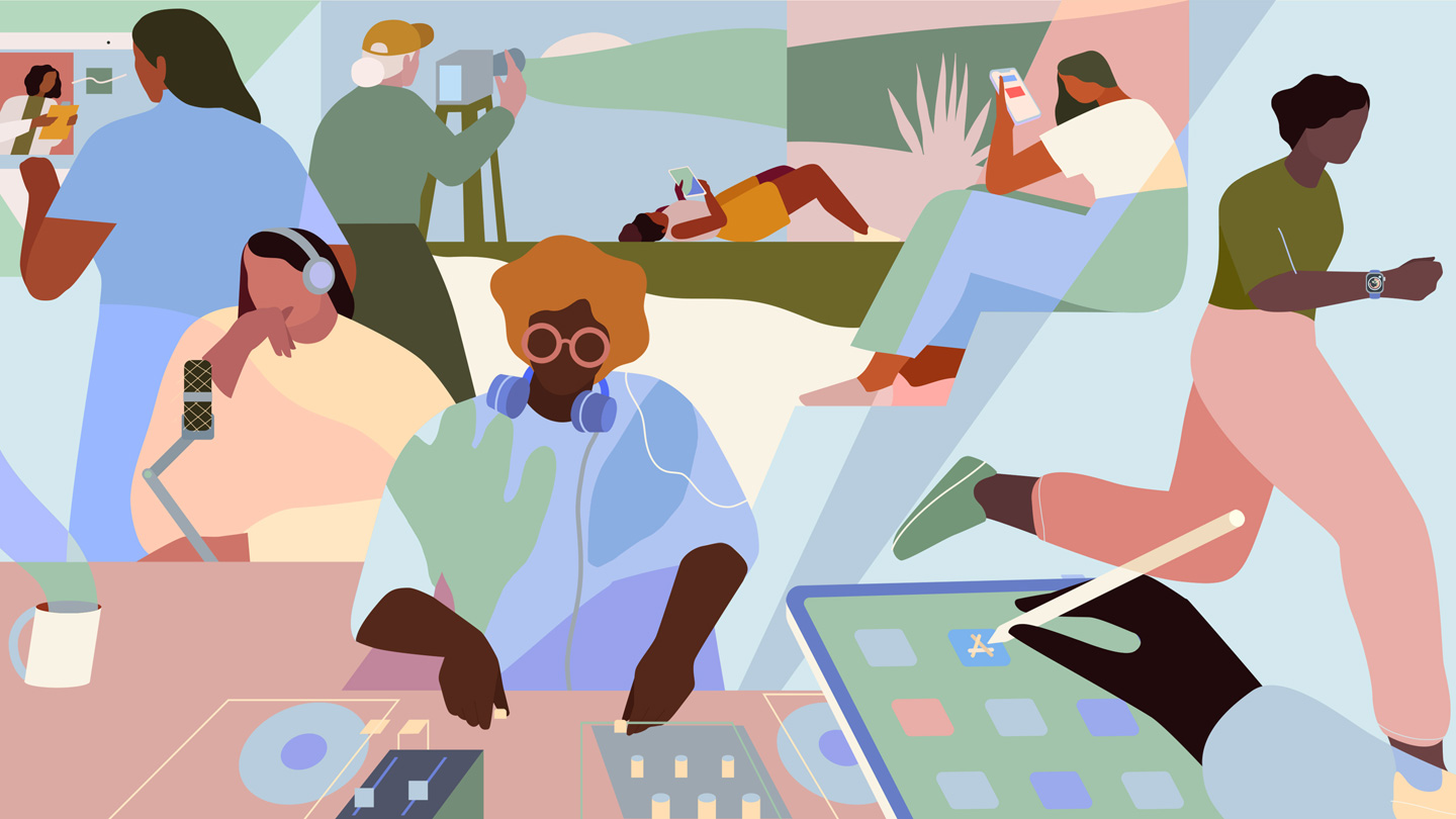 Illustration featuring women in music, podcasting, medicine, filmmaking, and other fields.