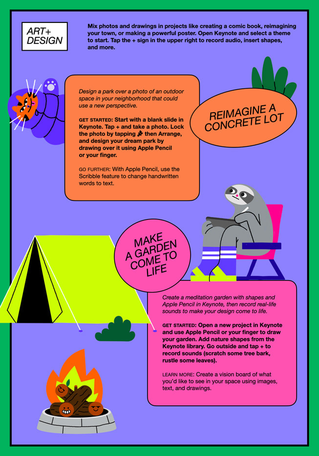 An illustrated graphic shows the art and design page from the Apple Camp Field Guide, which talks about reimagining a concrete lot and making a garden come to life.