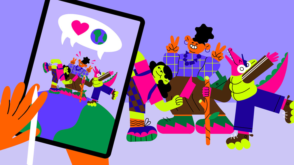 An illustration shows kids and their guardians enjoying Apple Camp.