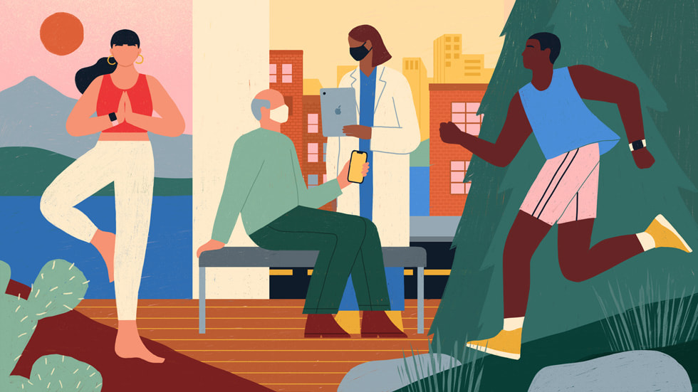 An illustration shows a woman doing yoga outdoors, a patient and a doctor speaking in an office setting, and a man running through a park.