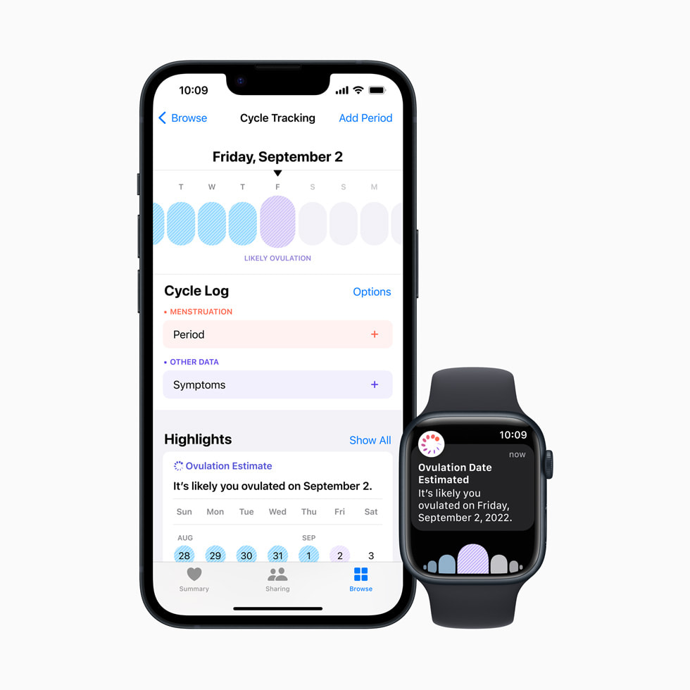 The Cycle Tracking log on iPhone with estimated ovulation on Apple Watch Series 8. 