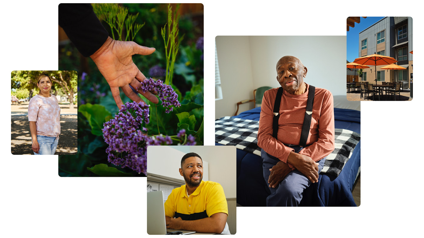 Five collaged images show residents and employees at the recently opened Veterans Square housing complex in Pittsburg, California.