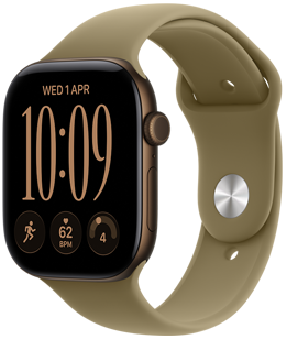 Apple Watch Series 12 z kopertą z aluminium w kolorze ciemnego brązu i paskiem sportowym w kolorze oliwki, tarcza Moduły, komplikacje: dzień i data, Treningi, tętno, gotowość, widoczny prawy bok urządzenia, pokrętło Digital Crown, przycisk boczny