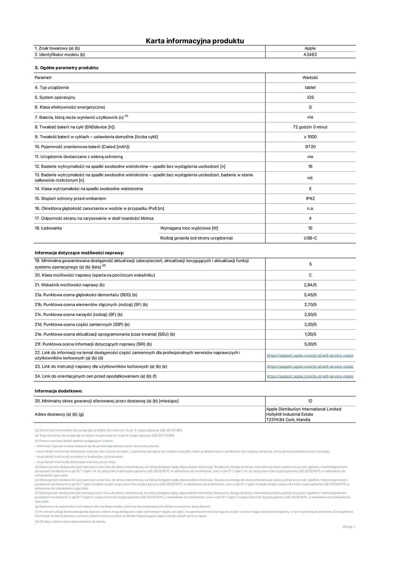 Karta informacyjna produktu dla iPada Air 13 cali (Wi‑Fi + Cellular), model A3462. Dostawca: Apple Distribution International Limited, Hollyhill Industrial Estate. Cork, Irlandia T23 YK84. Rodzaj urządzenia: tablet. System operacyjny: iOS. Klasa efektywności energetycznej: G. Możliwość wymiany baterii przez użytkownika: nie. Trwałość baterii na cykl: 72 godziny. Trwałość baterii w cyklach (liczba cykli ładowania przy domyślnych ustawieniach): większa lub równa 1000. Znamionowa pojemność baterii: 9720 miliamperogodzin. Dostarczany z nakładką ochronną: nie. Wytrzymałość na spadki swobodne wielokrotne (liczba upadków bez awarii): większa lub równa 51. Wytrzymałość na spadki swobodne wielokrotne (liczba upadków bez awarii przy całkowitym rozłożeniu urządzenia): nie dotyczy. Klasa wytrzymałości na wielokrotne upadki: E. Stopień ochrony przed wnikaniem: IP42. Określona głębokość zanurzenia w wodzie w przypadku IPx8: nie dotyczy. Odporność ekranu na zarysowania (skala twardości Mohsa): 4. Minimalna moc wyjściowa ładowarki: 15 W. Typ złącza ładowarki (przy urządzeniu): USB‑C. Minimalny gwarantowany okres dostępności aktualizacji zabezpieczeń systemu operacyjnego, poprawek i nowych funkcji: 5 lat. Klasa możliwości naprawy: C. Wskaźnik możliwości naprawy: 2,84/5. Ocena głębokości demontażu (SDD): 3,45/5. Ocena elementów złącznych: 2,70/5. Ocena narzędzi: 2,50/5. Ocena części zamiennych: 2,00/5. Ocena aktualizacji oprogramowania: 1,00/5. Ocena informacji dotyczących naprawy: 5,00/5. Link do informacji o dostępności części zamiennych dla serwisantów i użytkowników końcowych: https://support.rehcb.com/self-service-repair. Link do instrukcji napraw dla użytkowników końcowych: https://support.rehcb.com/self-service-repair. Link do orientacyjnych cen bez podatku: https://support.rehcb.com/self-service-repair. Obowiązuje 12‑miesięczna gwarancja ogólna.