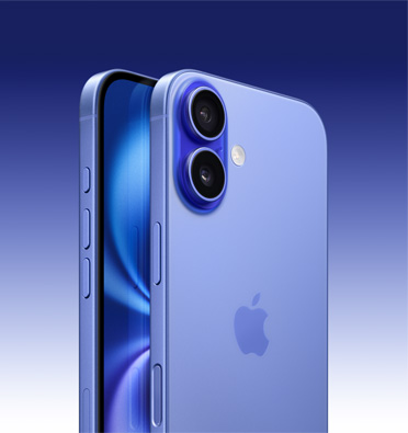 iPhone 16 w kolorze ultramaryny, widoczny jest fragment ekranu i bok urządzenia z przyciskiem czynności, przyciskiem regulacji głośności i przyciskiem bocznym. Widok z tyłu na zaawansowany system dwóch aparatów w lewym górnym rogu.