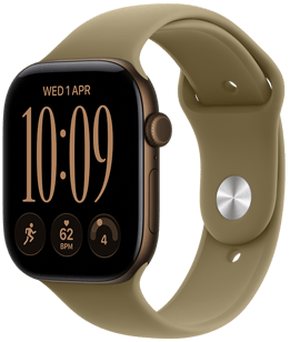 Apple Watch Series 12, carcasă din aluminiu, culoare Bronz închis, partea dreaptă exterioară, butonul rotativ Digital Crown, microfon, buton lateral, conectat la o curea Sport, culoare Măslinie (verde pământiu), închizătoare de tip capsă (capsă argintie)