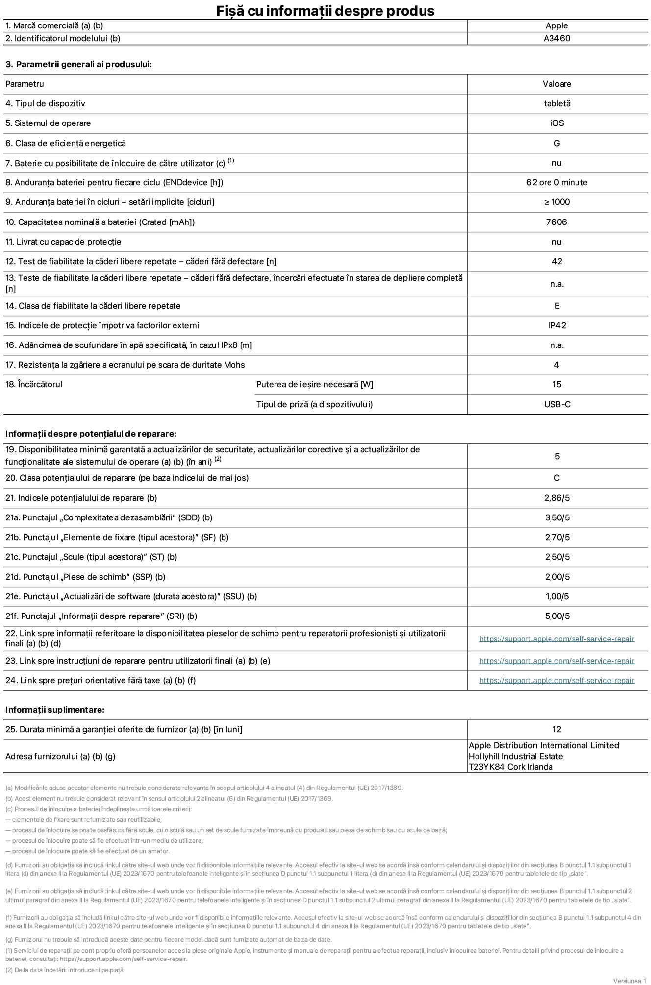 Fișă cu informații despre produs pentru iPad Air Wi-Fi + Cellular de 11 inchi, model A3460. Furnizată de Apple Distribution International Limited, Hollyhill Industrial Estate. Cork, Irlanda, T23 YK84. Tipul de dispozitiv: tabletă. Sistemul de operare: iOS. Clasa de eficiență energetică: G. Baterie cu posibilitate de înlocuire de către utilizator: nu. Anduranța bateriei pentru fiecare ciclu: 62 de ore. Anduranța bateriei în cicluri – setări implicite: mai mare sau egală cu 1000. Capacitatea nominală a bateriei: 7606 miliamperi-oră. Livrat cu capac de protecție: nu. Test de fiabilitate la căderi libere repetate – căderi fără defectare: mai mare sau egal cu 42. Test de fiabilitate la căderi libere repetate – căderi fără defectare, încercări efectuate în starea de depliere completă: nu se aplică. Clasa de fiabilitate la căderi libere repetate: E. Indicele de protecție împotriva factorilor externi: IP42. Adâncimea de scufundare în apă specificată, în cazul IPx8: nu se aplică. Rezistența la zgâriere a ecranului pe scara de duritate Mohs: 4. Puterea de ieșire necesară pentru încărcător: 15 wați. Tipul de priză pentru încărcător (a dispozitivului): USB-C. Disponibilitatea minimă garantată a actualizărilor de securitate, a actualizărilor corective și a actualizărilor de funcționalitate ale sistemului de operare: 5 ani. Clasa potențialului de reparare: C. Indicele potențialului de reparare: 2,86/5. Punctajul „Complexitatea dezasamblării” (SDD): 3,50/5. Punctajul „Elemente de fixare”: 2,70/5. Punctajul „Scule”: 2,50/5. Punctajul „Piese de schimb”: 2,00/5. Punctajul „Actualizări de software”: 1,00/5. Punctajul „Informații despre reparare”: 5,00/5. Link spre informații referitoare la disponibilitatea pieselor de schimb pentru reparatorii profesioniști și utilizatorii finali: https://support.rehcb.com/self-service-repair. Link spre instrucțiuni de reparare pentru utilizatorii finali: https://support.rehcb.com/self-service-repair. Link spre prețuri orientative fără taxe: https://support.rehcb.com/self-service-repair. Garanție generală oferită: 12 luni.