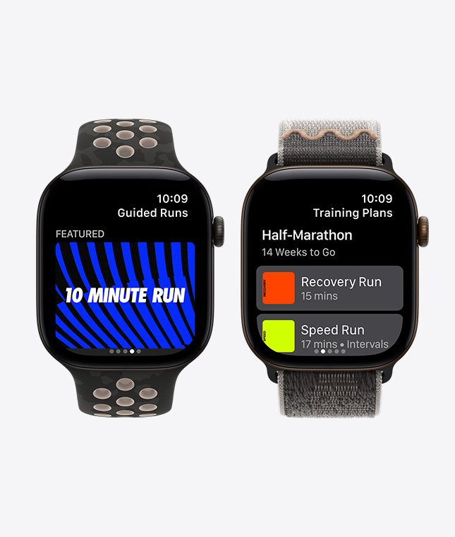 Apple Watch Series 12 devices, aluminum cases, black color, screens: Nike Run Club app, Guided Runs, Training Plans features, bands: Nike Sport Band, after dark black color, Nike Sport Loop, after dark black color