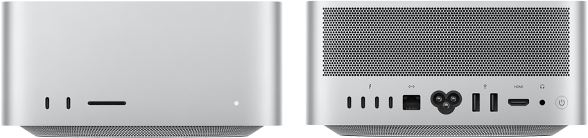 Mac Studio spredu, dva porty USB‑C, slot na kartu SDXC, stavová kontrolka, zúžená základňa naspodku, plochá vrchná strana, zaoblené bočné strany, rovné hrany, strieborná farba, Mac Studio zozadu, perforovaný hliníkový prieduch, štyri porty Thunderbolt 5, jeden port Ethernet, jedna napájacia zásuvka, dva porty USB-A, jeden port HDMI, jeden konektor na slúchadlá a vypínač