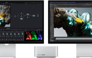 Monitor Studio Display a monitor Studio Display XDR, jeden naľavo a jeden napravo od Macu Studio, zobrazujú pracovné prostredie umelca, nástroje a softvér na 3D modelovanie