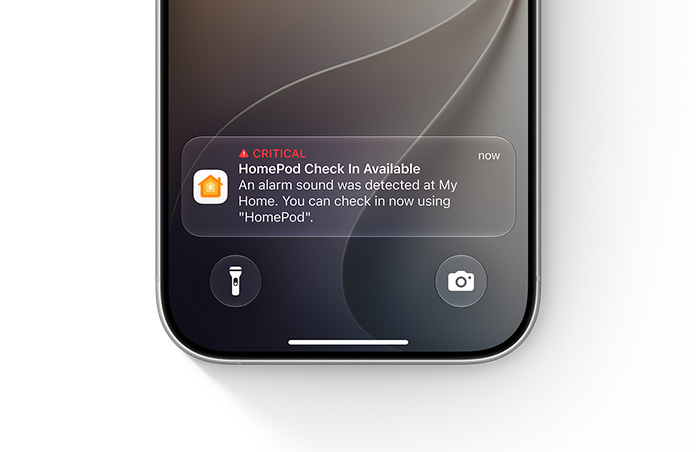 หน้าจอล็อคของ iPhone แสดงการแจ้งเตือนที่สำคัญของแอปบ้าน, ข้อความเขียนว่า: สำคัญ, มีการตรวจสอบกับ HomePod, ตรวจพบเสียงเตือนภัยที่ My Home, คุณสามารถตรวจสอบได้แล้วในตอนนี้โดยใช้ HomePod ห้องครัว
