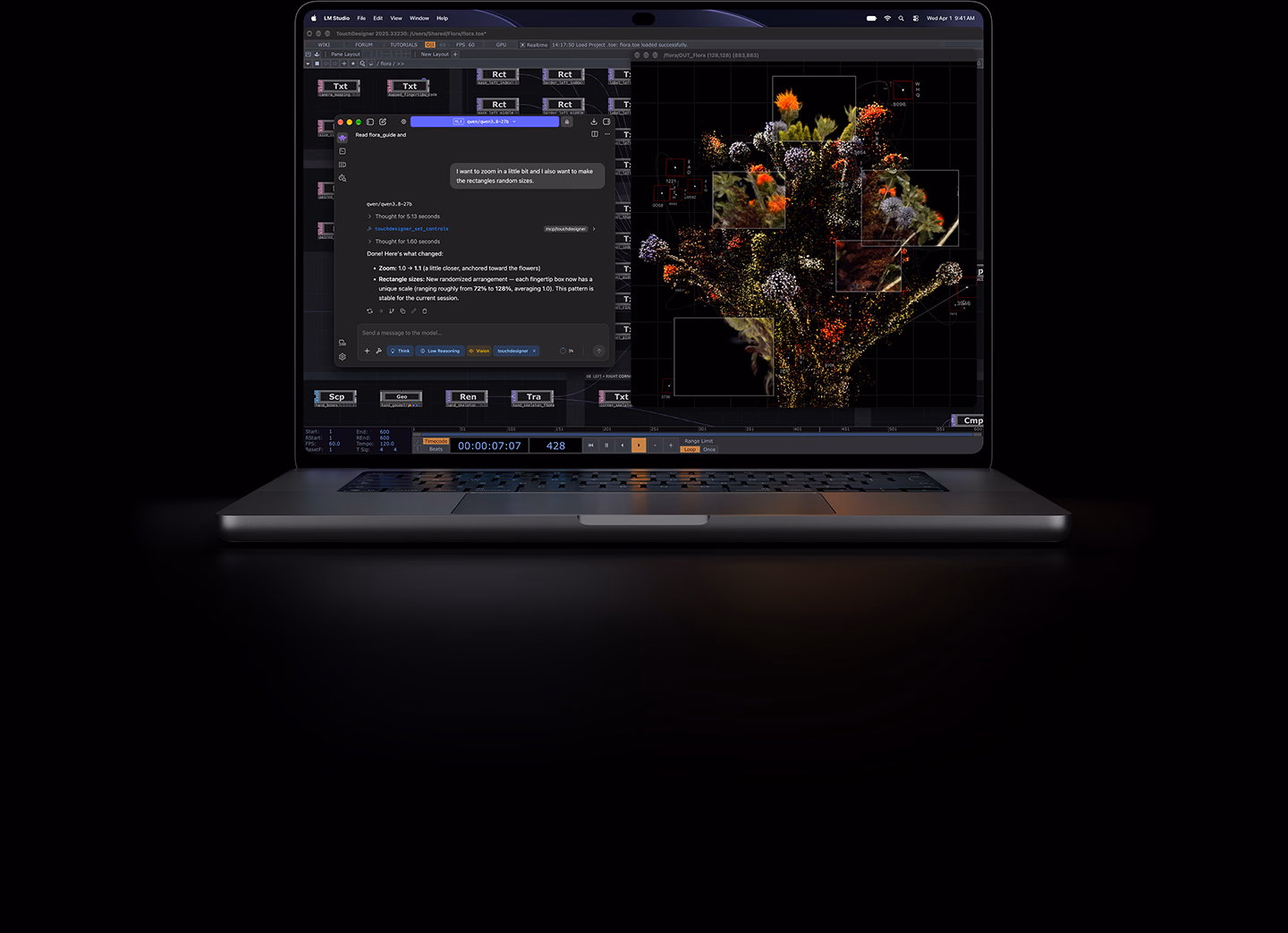 MacBook Pro รุ่น 16 นิ้ว พร้อมจอภาพ PROLED XDR, สีเงิน, หน้าจอแสดงการสร้างภาพโดยใช้ TouchDesigner และ LM Studio