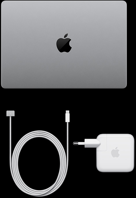 MacBook Pro พร้อมจอภาพ PROLED XDR, สีเงิน, มุมมองด้านบน, พับปิดอยู่, สายชาร์จ USB-C และอะแดปเตอร์แปลงไฟ