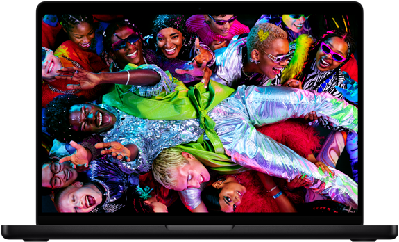Canlı Liquid Retina XDR ekranı gösteren, bir partide kalabalığın omuzları üzerinde taşınan bir kişinin görüldüğü rengarenk MacBook Pro ekranı