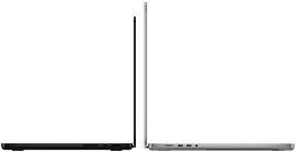 Uzay siyahı 14 inç MacBook Pro ve yanında gümüş rengi 16 inç MacBook Pro