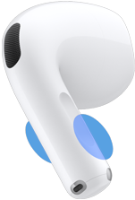Навушник AirPods 5 ззовні, синіми колами на основі позначено зони, до яких потрібно торкатися для зміни гучності
