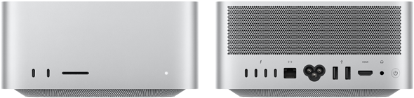 Mac Studio, передня панель, два порти USB-C, слот для SDXC-карт, індикатор стану, звужена основа знизу, пласка верхня панель, заокруглені сторони, прямі краї, сріблястий колір, Mac Studio, задня панель, вентиляційні отвори з алюмінію, чотири порти Thunderbolt 5, один порт Ethernet, один порт живлення, два порти USB-A, один порт HDMI, один порт для навушників і кнопка живлення