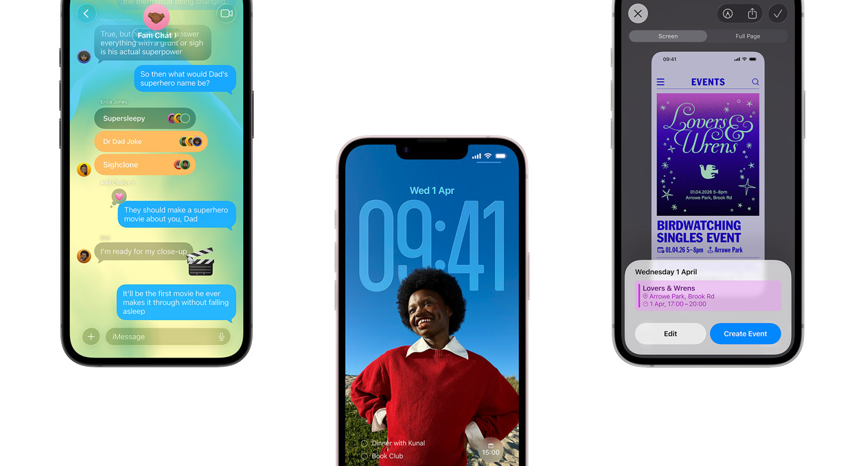 Three iPhone 17e devices, the left screen displaying a conversation in iMessages app, centre screen showing the lock screen with a portrait of a person smiling, calendar and time apps behind them, right screen showing an event creation interface