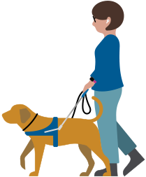 Una persona ipovedente che indossa gli AirPods mentre cammina con un cane guida