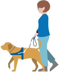 Una persona ipovedente che indossa gli AirPods mentre cammina con un cane guida