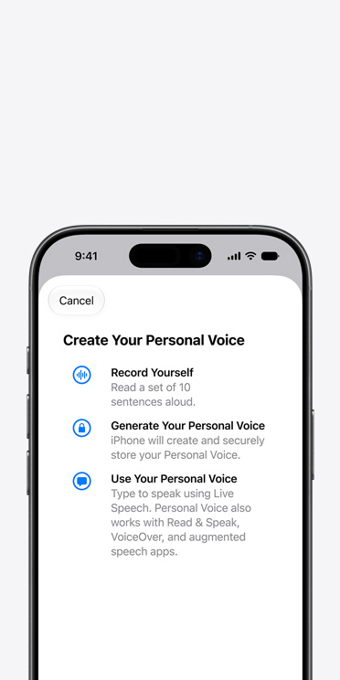 En iPhone 17-skærm viser funktionen Personlig stemme med instruktioner om, hvordan man skaber sin personlige stemme