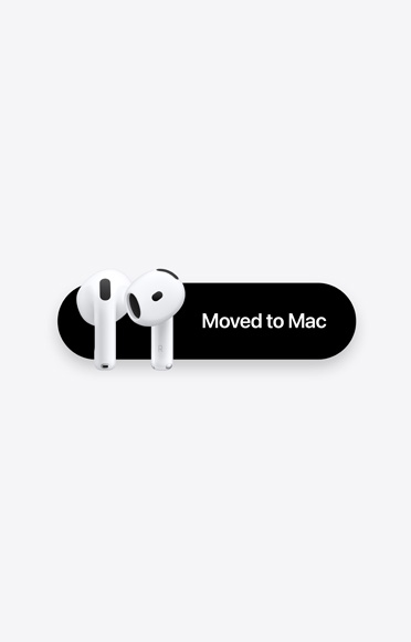 AirPods 5-øretelefoner ved siden av en melding som sier: «Overført til Mac»