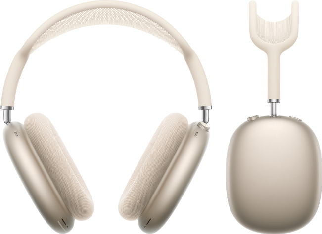 AirPods Max 2 headphones, front exterior and side profile view, starlight colour