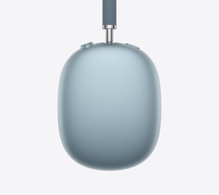 AirPods Max 2 слушалки, страничен екстериор, син цвят, детайл на телескопично рамо, възглавничка за ухо, Digital Crown и бутон за контрол на шума