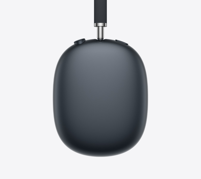 AirPods Max 2 слушалки, страничен екстериор, полунощен цвят, детайл на телескопично рамо, възглавничка за ухо, Digital Crown и бутон за контрол на шума