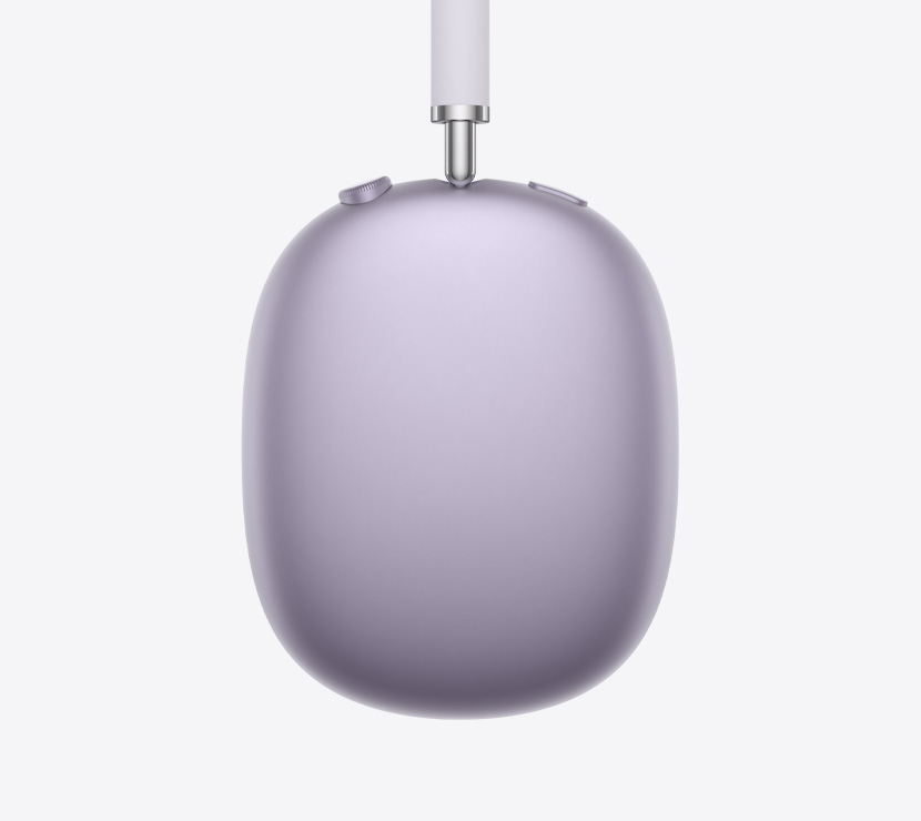 AirPods Max 2 слушалки, страничен екстериор, виолетов цвят, детайл на телескопично рамо, възглавничка за ухо, Digital Crown и бутон за контрол на шума
