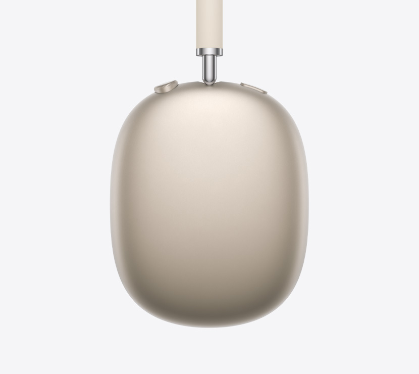 AirPods Max 2 слушалки, страничен екстериор, астро бял цвят, детайл на телескопично рамо, възглавничка за ухо, Digital Crown и бутон за контрол на шума