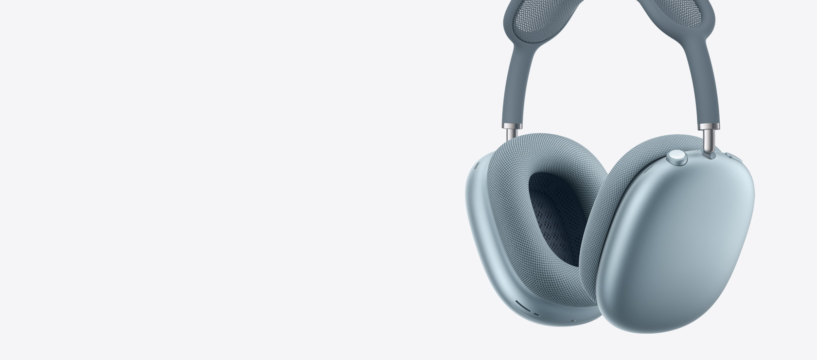 AirPods Max 2 слушалки, страничен екстериор, син цвят, вътрешни и външни възглавнички за ушите, Digital Crown