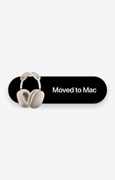 AirPods Max 2 в астро бяло и думите Moved to Mac, представящи функцията Автоматично превключване