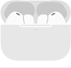 MagSafe充電ケース（USB-C）に入ったAirPods Pro 3のスケッチ。丸みを帯びたケースの外観、LED電源インジケータ、開いたケースの蓋、インチとミリメートルで幅が示されている