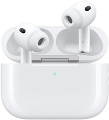 AirPods Pro 3 и MagSafe кутия за зареждане (USB‑C), екстериор на заоблена кутия, LED индикатор за нивото на батерията, отворен капак на кутията, бял цвят, безжични слушалки със силиконови накрайници, интериорът на дръжката включва буквите L и R