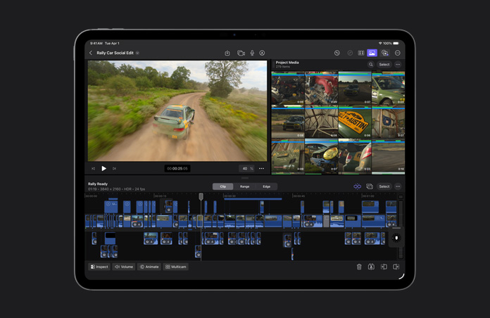 Schermo di un iPad Pro 13, interfaccia di Final Cut Pro e timeline con l’immagine di una vettura da rally verde che percorre una strada sterrata