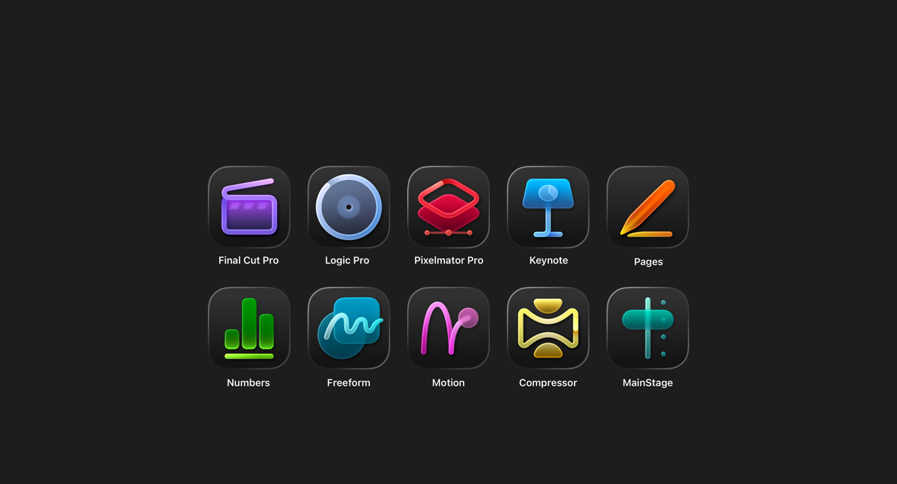 Icônes des apps Apple Creator Studio, Final Cut Pro, Logic Pro, Pixelmator Pro, Keynote, Pages, Numbers, Freeform, Motion, Compressor, MainStage