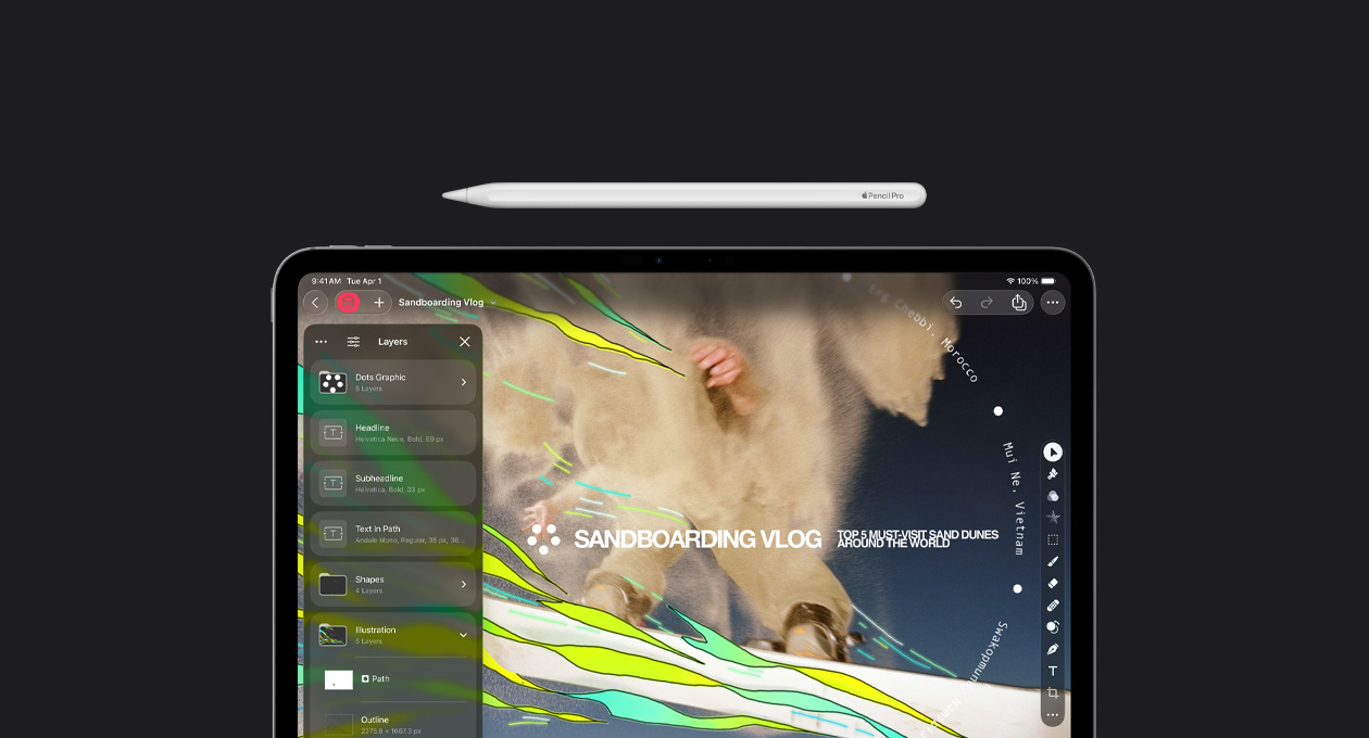 Un’Apple Pencil sopra un iPad Pro 13, lo schermo mostra il toolkit livelli di Pixelmator Pro, il toolkit grafica, un vlog sul sandboarding