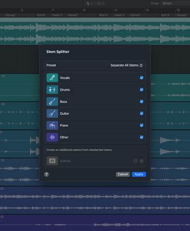 Interfaccia di Logic Pro, Stem Splitter con opzioni per voci, basso, batteria, chitarra, pianoforte e altri
