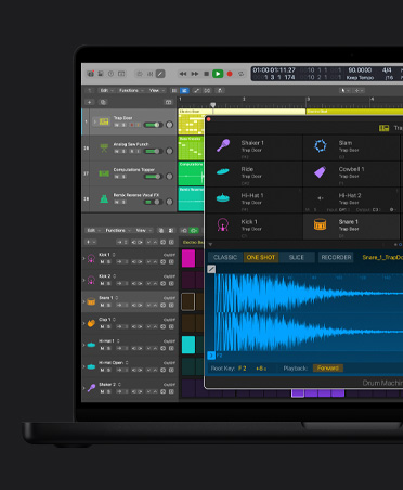 Schermata di iPad Pro 13, strumenti per creare beat in Logic Pro, griglia colorata con loop e frasi live