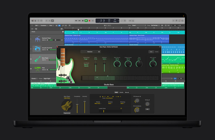 Schermata di MacBook Pro 16, interfaccia di Logic Pro con AI Session Players e una finestra aperta chiamata Bass Player: Sixties Half Muted con diversi livelli di volume