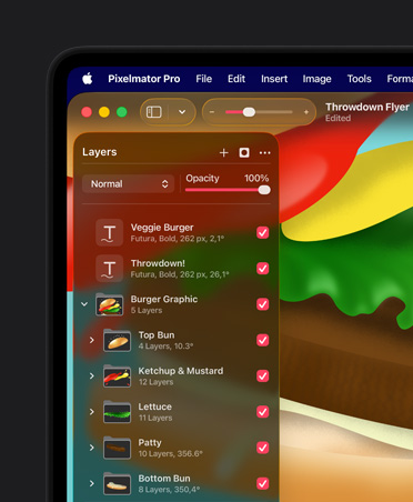 Strumenti per i livelli e la disposizione in Pixelmator Pro, immagine grafica di un hamburger per un volantino