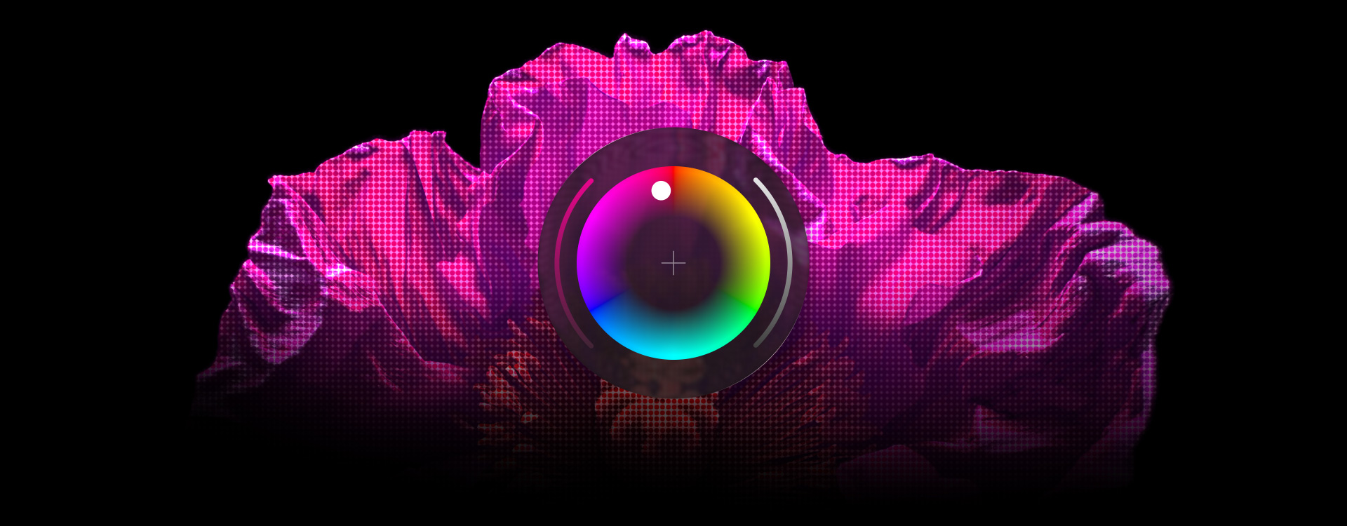 Objet texturé rose, sélecteur de couleurs de Pixelmator Pro au centre